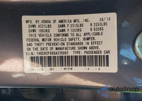 2016 Honda Accord Ex-L z USA, uszkodzony, nr VIN 1HGCR2F88GA236882